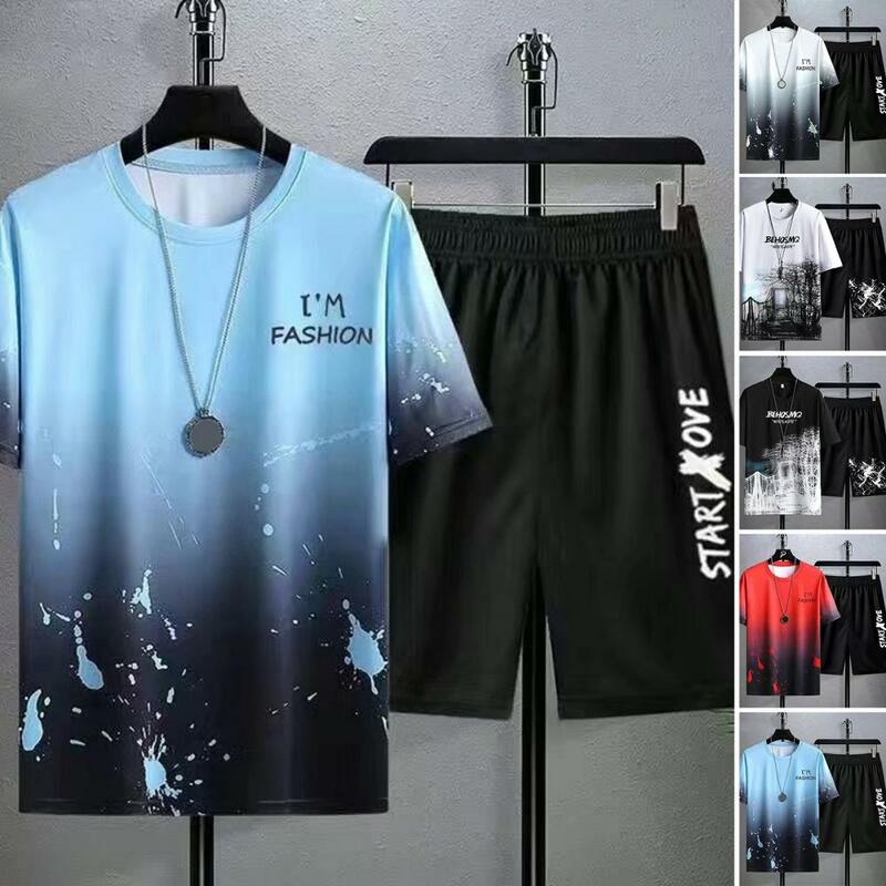 Sports Suit Breathable Pockets Thin Gradient Color Printing Tops Loose Shorts Sportswear Casual Outfit Moisture Wicking