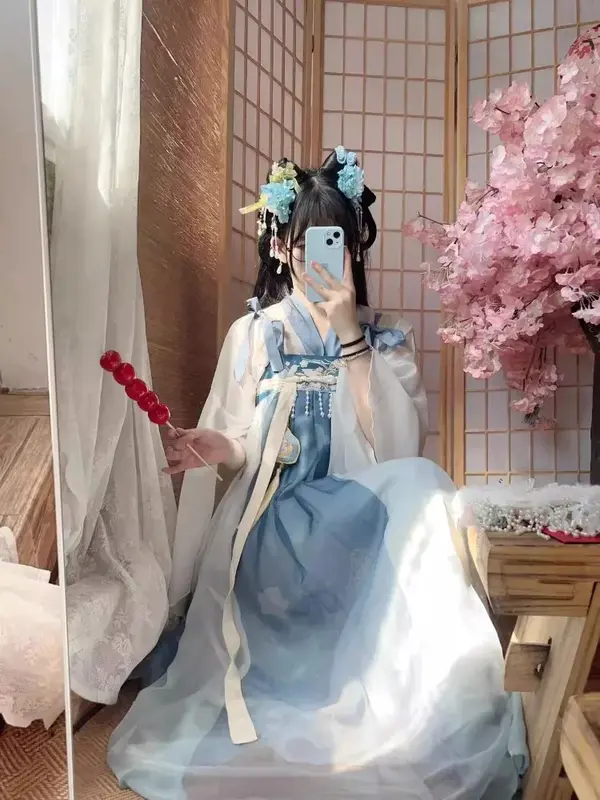 Oryginalny haft damski Hanfu Świeża spódnica Chebula Elementy Han Kompletny zestaw nowych modeli ZESTAW wiosenny Kolor różowy