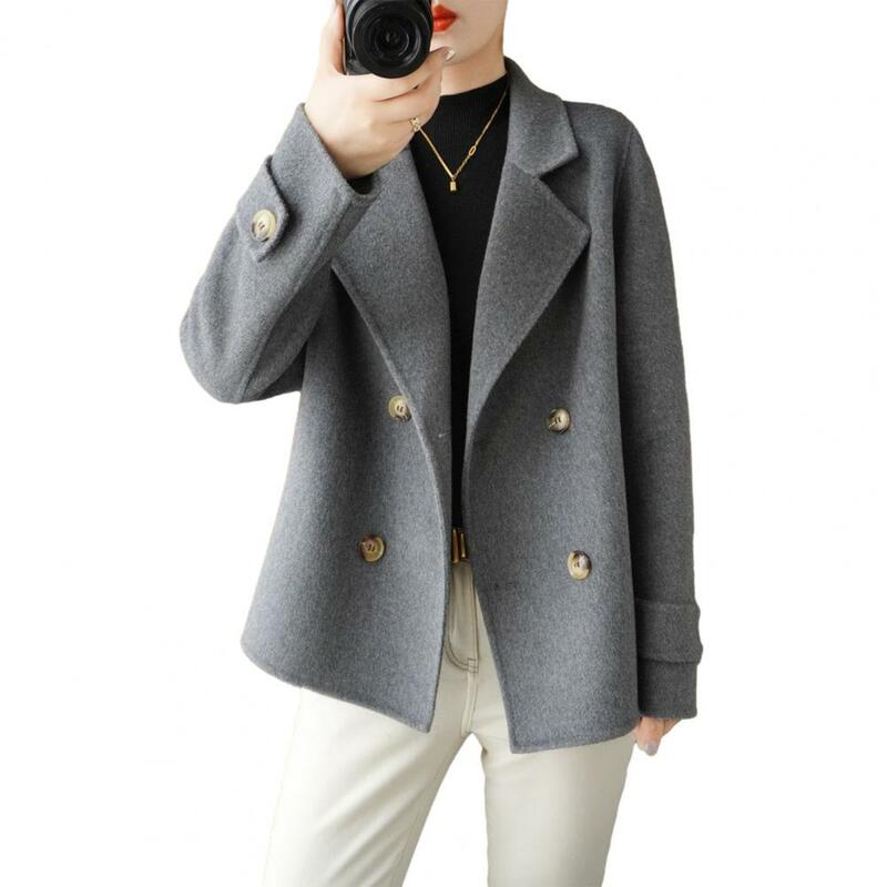 Women Autumn Winter Woolen Coat Double-breasted Lapel Long Sleeve Solid Color Loose Thickened Warm Formal Business Jacket