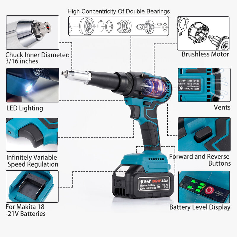 Hormy-Brushless Elétrica Rivet Gun, sem fio Rivet Nut Gun, LED Auto Drill, ferramenta de poder recarregável para Makita Bateria, 11000N