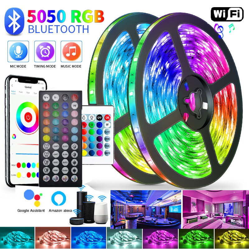 Tira de luces LED RGB 5050 con Bluetooth, cinta Flexible de diodo con WIFI y USB, controlador IR, 1M-30M