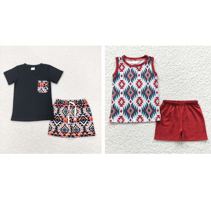 Set pakaian butik baju bayi laki-laki, set grosir pakaian celana pendek lengan pendek hitam saku geometris