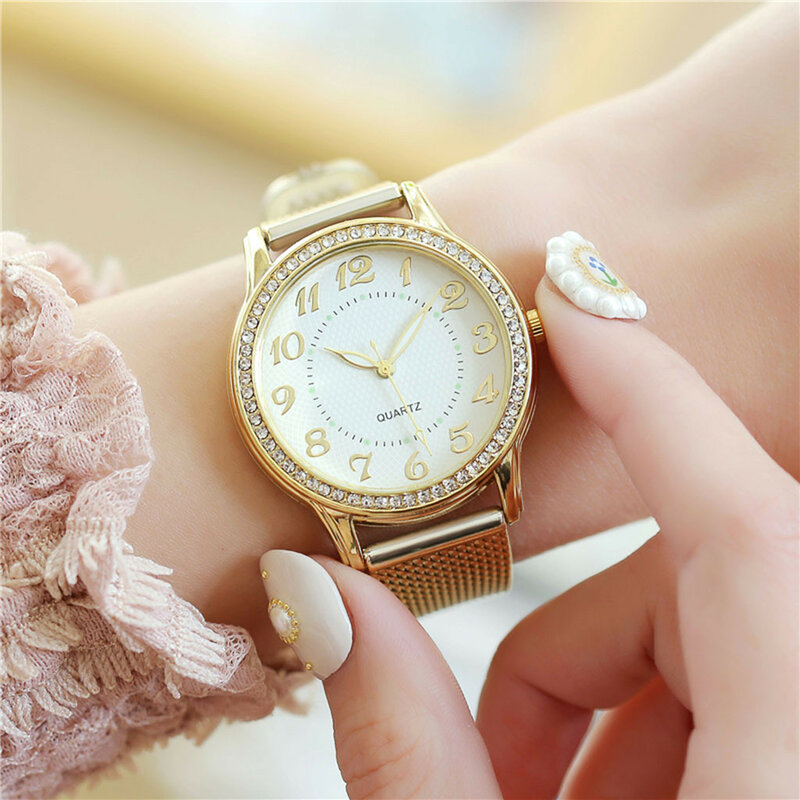 Relógio quartzo de luxo feminino, mostrador de aço inoxidável, pulseira casual, relógio de pulso feminino, 2023