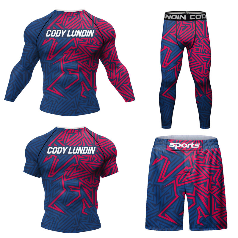 Ternos esportivos masculinos de compressão, Jiu-Jitsu, Rashguards, shorts de MMA, roupa ativa roxa, Cody Lundin, 4PCs