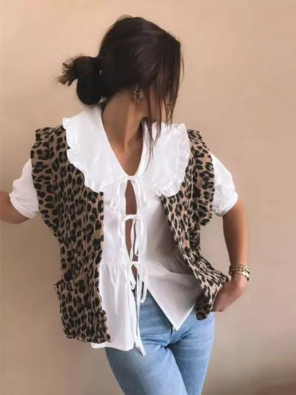 Casual Leopard Ruches Dames Vest Vest O-hals Mouwloze Zak Losse Dames Vest 2024 Lente Zomer Mode Dame Tops