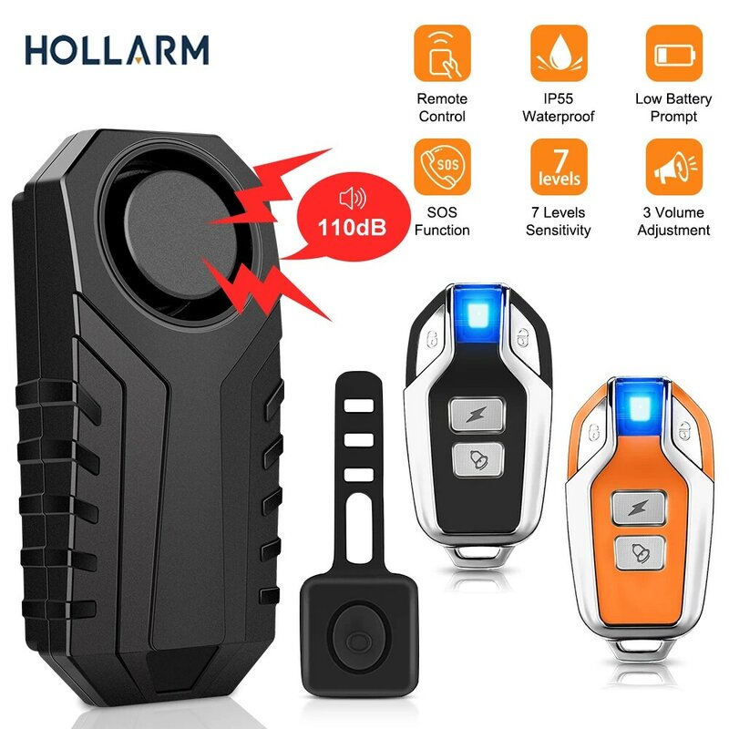 Holharm-Wireless bicicleta vibração alarme, IP55 impermeável motocicleta alarme, controle remoto, anti-roubo bicicleta detector, sistema de alarme
