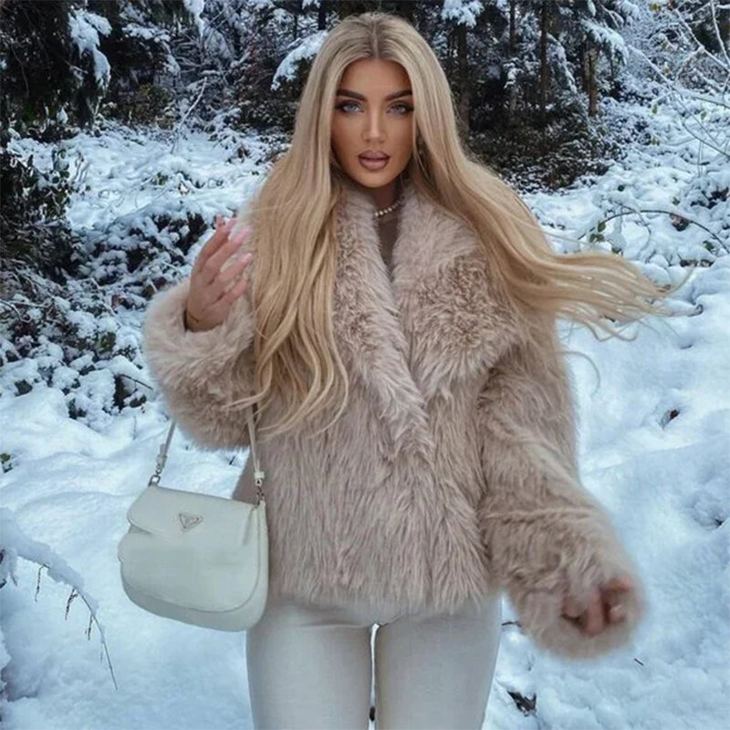Chic Ins Blogger-Jaqueta de pele raposa falsa para mulheres, casaco de inverno, design de luxo, casaco de gola grande, moda de marca, 2023