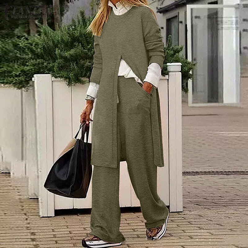 Fashion New Spring and Autumn Long Sleeve Casual Women's O-Neck Pocket Set Women's Solid Color Slim Fit Long Top Two Piece Set