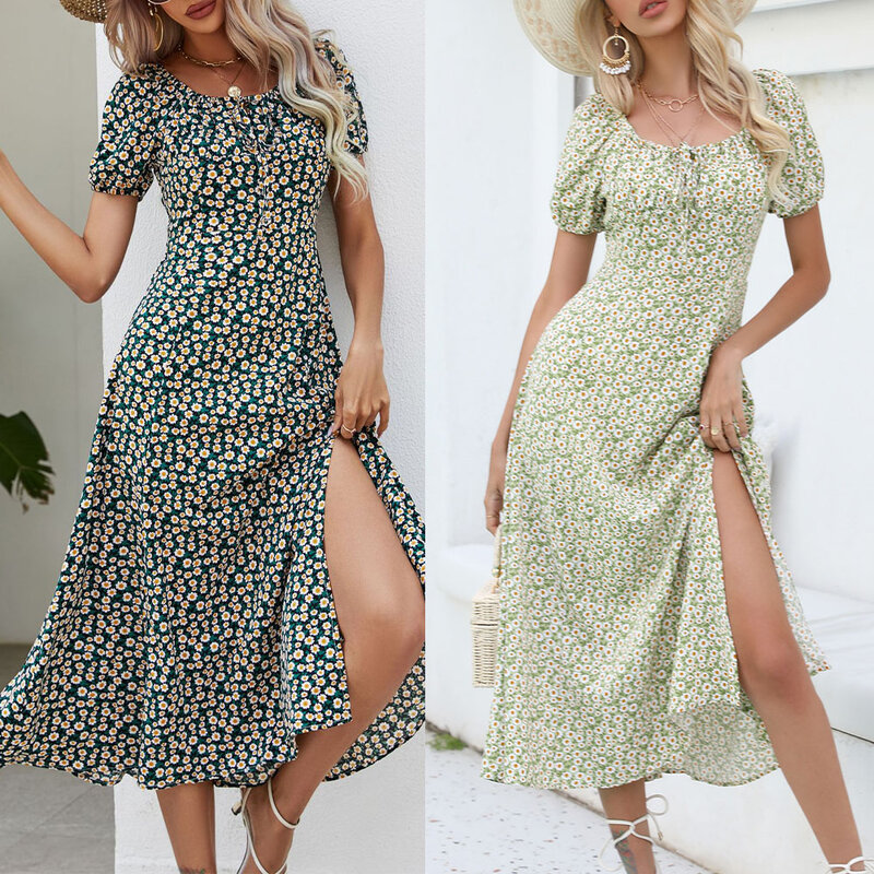 Look Effortlessly Beautiful in This Floral Print Dress with Puff Sleeve and High Slit for Women\\\'s Summer Style
