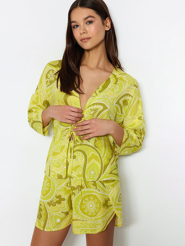 Marthaqi-女性用パジャマ,七分袖,プリントされたパジャマ,Vネック,ナイトウェア,レースアップショーツ
