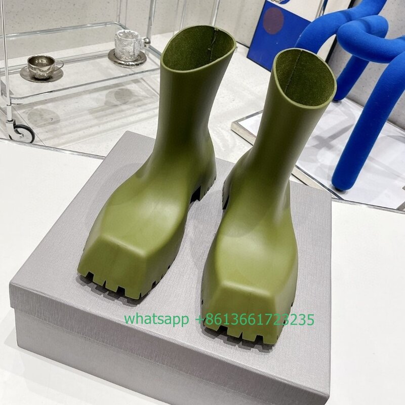 Square Toe Platform Boots Slip on Rain Boots Non-slip 2024 New Fashion Shoes Women Luxury Ankle Boots Design Catwalk Boots