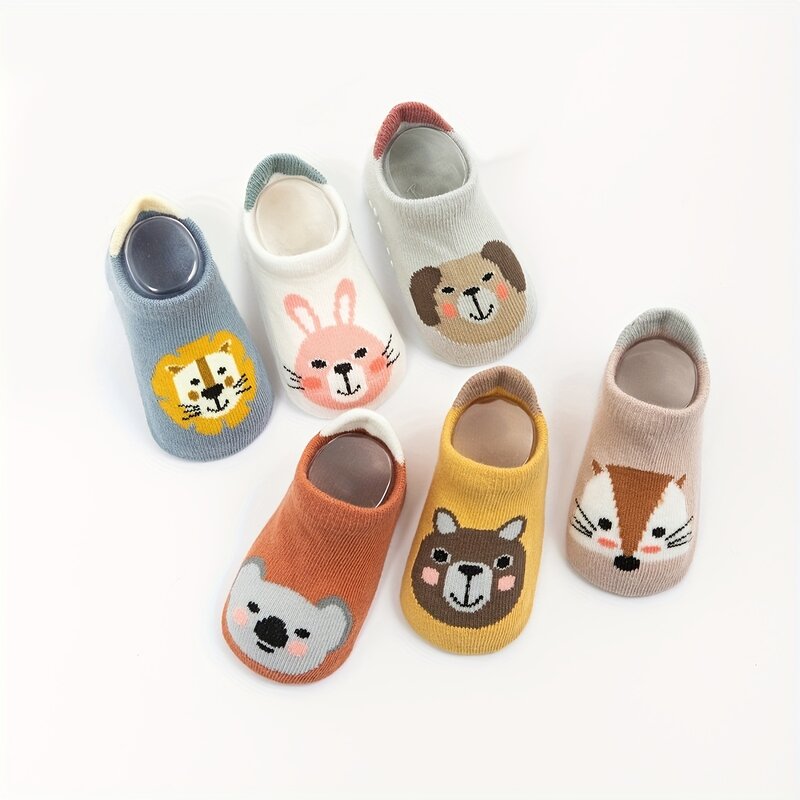 6pairs Boys Girls Kids Cartoon Animal Pattern Cute  Shoes, Anti-skid Socks With Dot Glue, Toddlers Children's Trendy Floor Socks