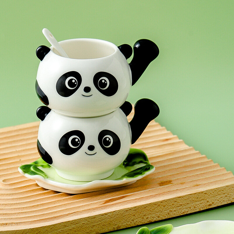 Panda Koffie Kopjes Met Schotel Lepel Creatieve Keramiek Mokken Warm Ontbijt Thee Melk Waterfles 250Ml Kerst Verjaardagscadeau
