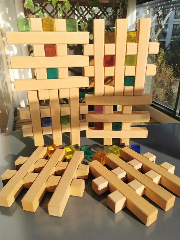 어린이용 대형 빌딩 나무 장난감, X 모양 그리드, 스텝 게이블 스태킹, DIY 크리에이티브 플레이