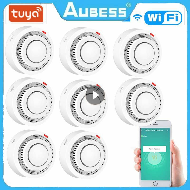 AUBESS-Sensor de humo con WiFi para el hogar, Detector de entrada de humo superior con protección contra incendios, combinación de alarma contra incendios, Tuya