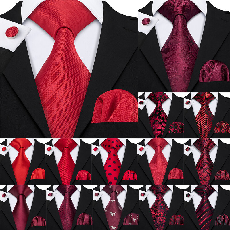 Barry.Wang czerwony jedwabny krawat męski chusteczki spinki do mankietów zestaw bordowy szkarłatny karminowy różany krawat żakardowy na męskie wesele