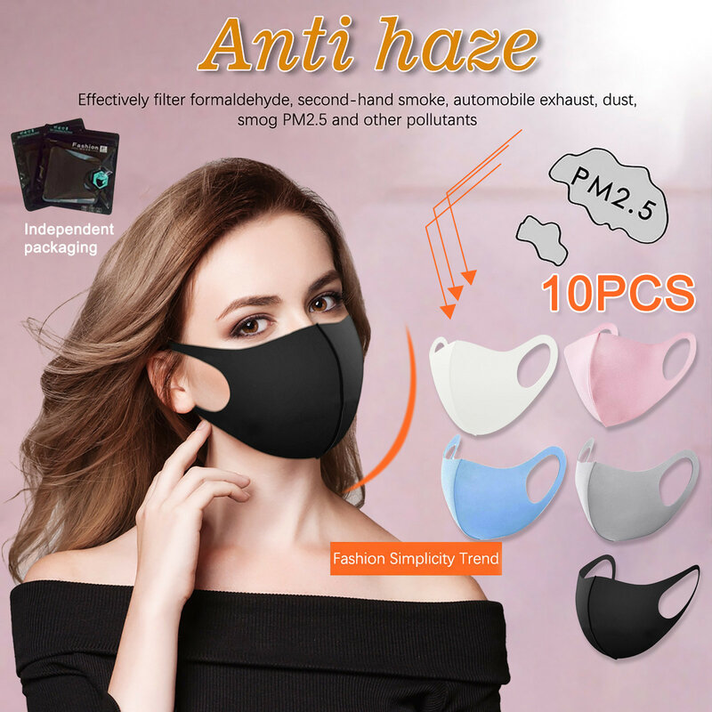 Masque anti-poussière réutilisable en coton noir pour femme, design 3D en trois dimensions, lavable, mode simple, tendance, masque de protection, 10 pièces