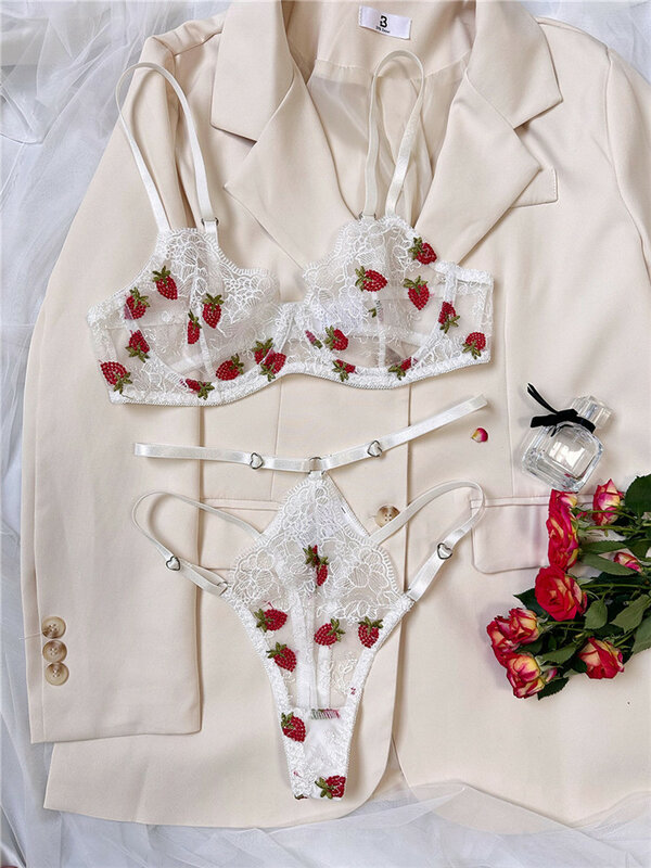 섹시한 여성 란제리 화이트 레이스 초박형 브라 브리프 세트, 딸기 자수 더블 스트랩 속옷, 이국적인 시스루 세트