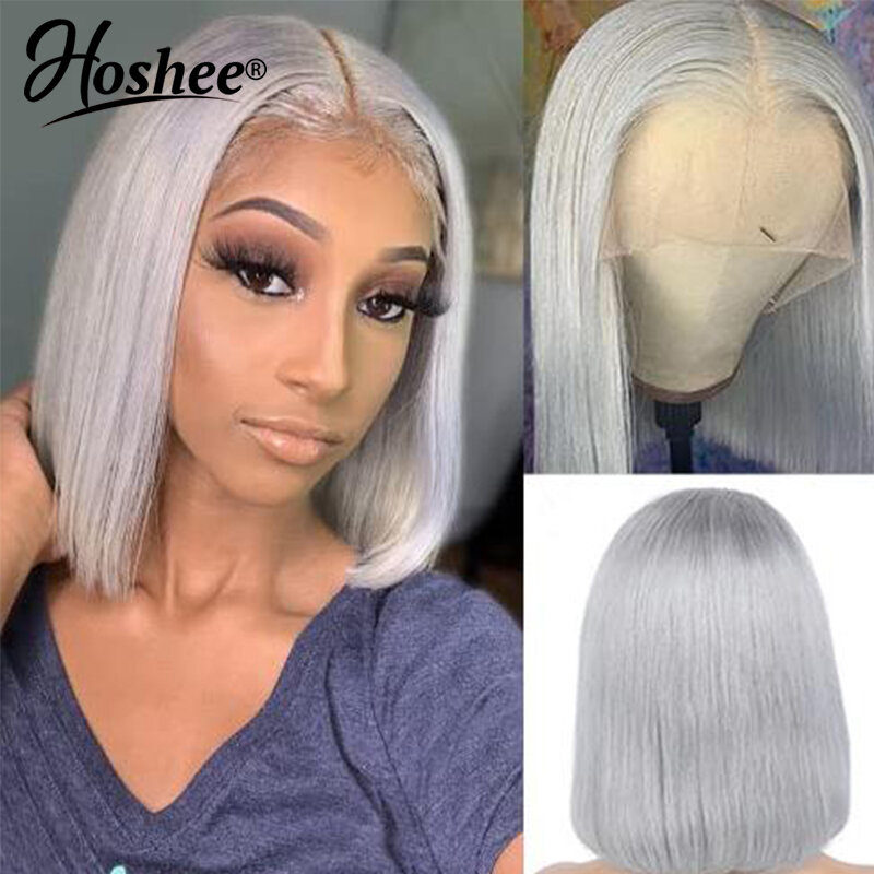 HOSHEE-Peluca de cabello humano liso para mujer negra, pelo corto brasileño Bob Pixie, corte Frontal, encaje Frontal 13x4, color gris plateado