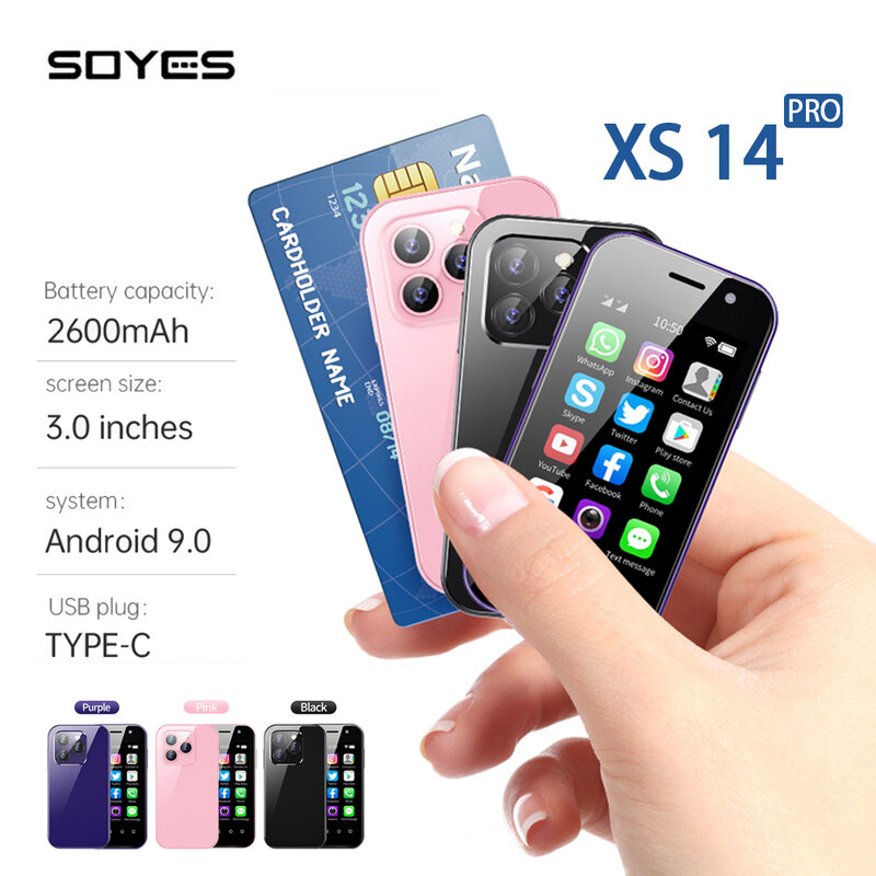 SOYES XS14 프로 미니 스마트폰, 3.0 인치, 4G LTE 쿼드 코어, 3GB + 64GB, 안드로이드 9.0, 2600mAh, 얼굴 인식 소형 휴대폰, 와이파이 GPS