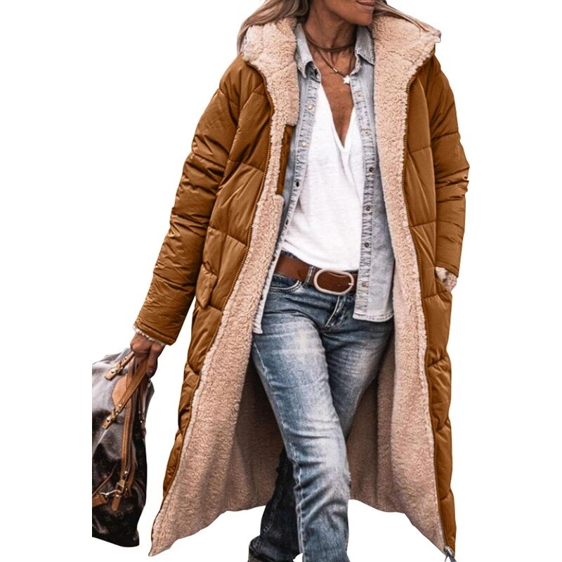 Women's 2023 Warm Winter Coats Reversible Sherpa Fleece Long Hooded Puffer Jackets Outerwear
