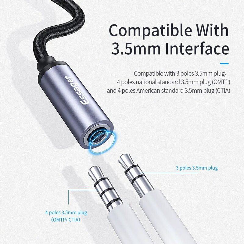 Essager USB tipo C 3,5 conector adaptador de auriculares USB C a 3,5mm cable adaptador de audio AUX para Huawei P30 Xiaomi Mi 10 9 Es