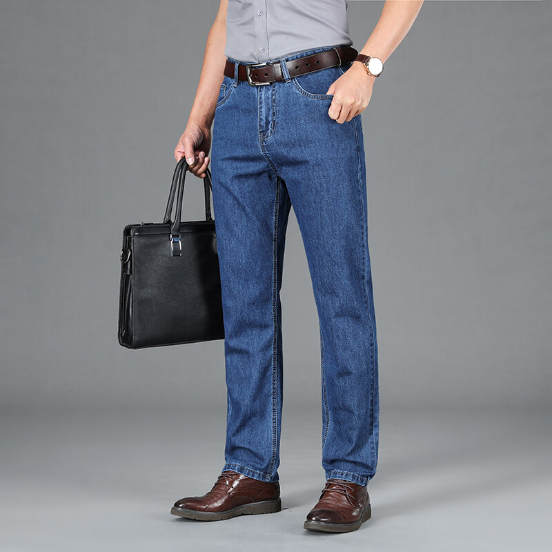 Celana panjang Jeans Denim pria, celana panjang lurus longgar bisnis laki-laki 2023 katun merek, Jeans musim gugur dan musim dingin 100% ukuran besar 40 42