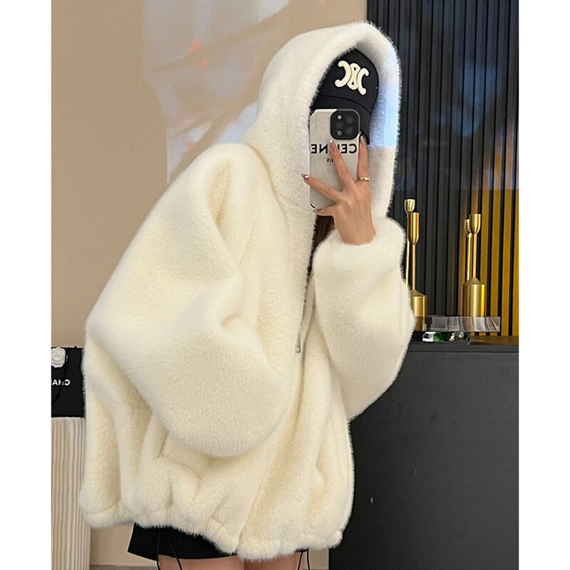 Gidyq-女性のためのウサギの毛皮のコート、韓国の冬のファッション、ストリートウェア、女性のための豪華なフード付きジャケット、厚くて暖かい、パーティーのためのルーズなコート、新しい