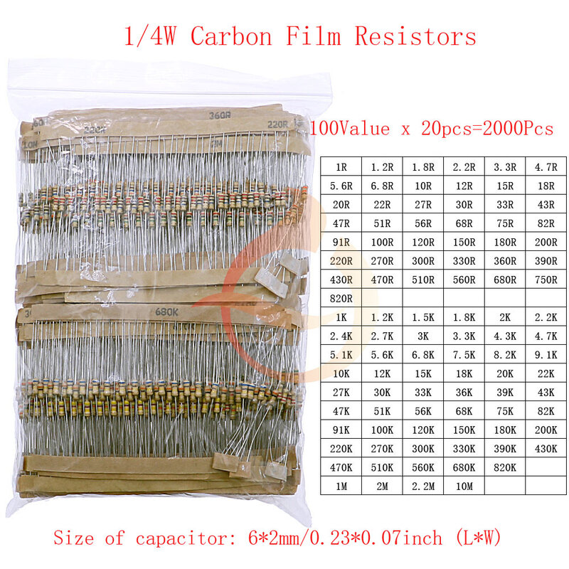 Kit surtido de resistencias de película de carbono 5%, paquete de componentes electrónicos, 1/8W, 1/4W, 1/2W, 1W, 2W, 3W, 5W