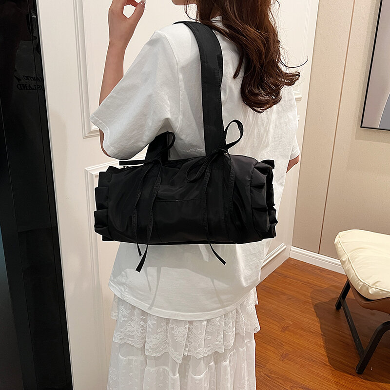 Einfarbige Schleife Design Leinwand Umhängetasche für Frauen koreanische Mode süße Achsel Tasche Handtaschen Shopper Einkaufstaschen