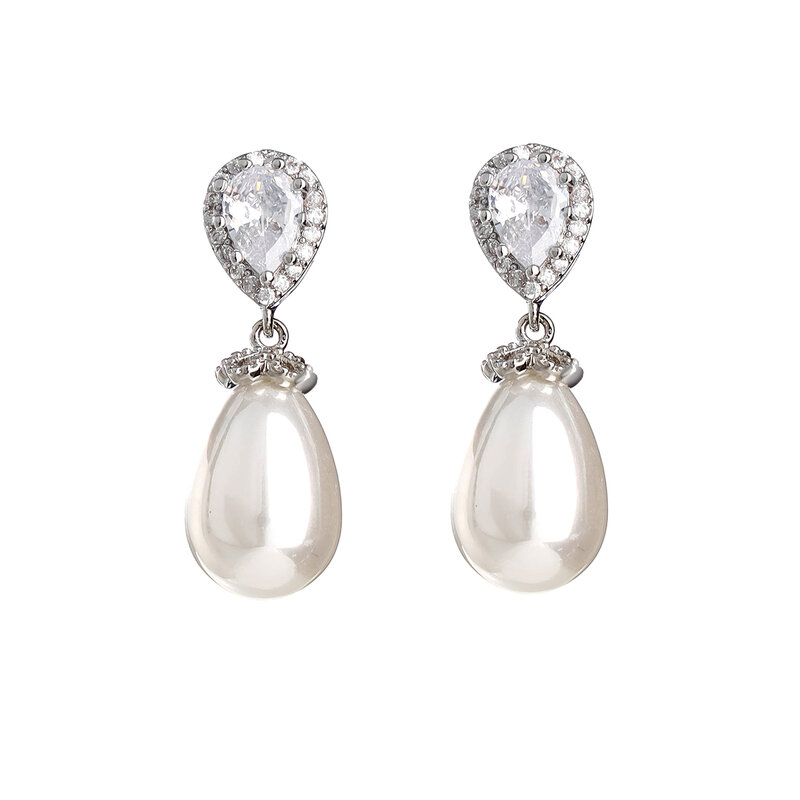 Ladies cubic zirconia pearl pendant earrings, bridesmaid bride teardrop leaf rhinestone wedding bridal earrings prom jewelry