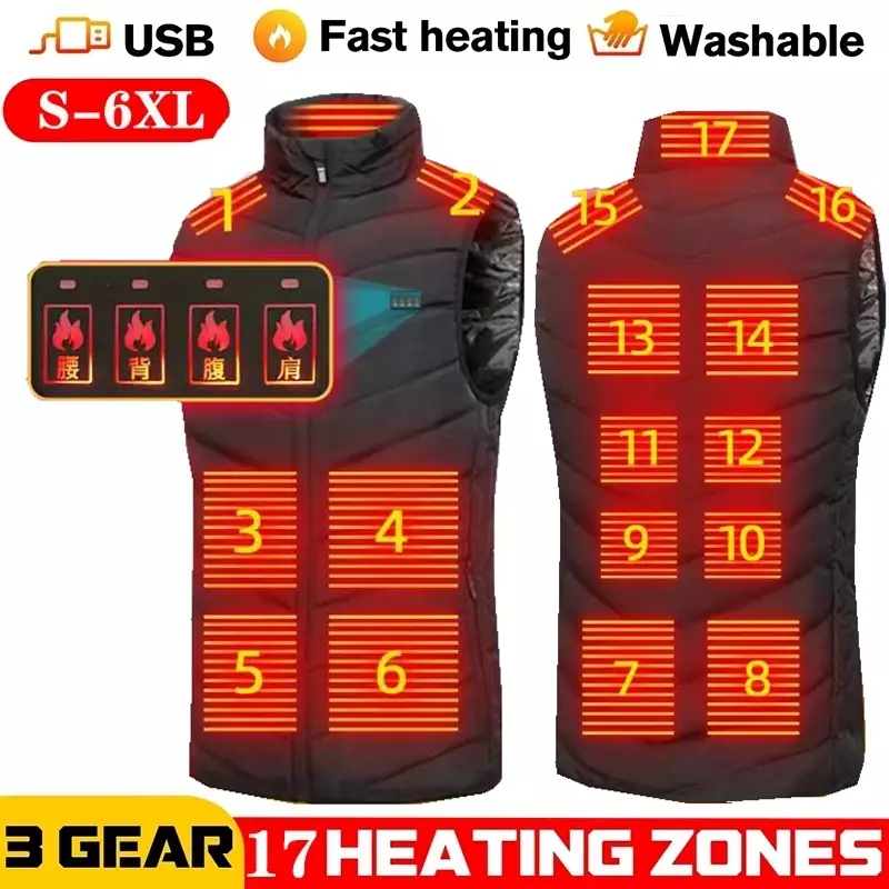 Men USB Infrared 17 Heating Areas Vest Jacket Men Winter Electric Heated Vest Waistcoat For Sports Hiking Oversized S-6XL