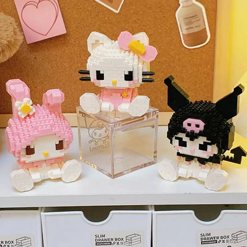 Hello Kitty Sanrio Building Block Figura Anime, Cinnamoroll, Kuromi Pochacco Montado, Modelo Decorativo, Puzzle Infantil Presentes