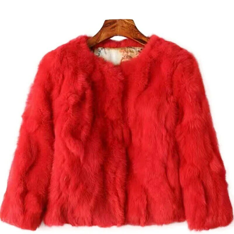 Mantel bulu kelinci asli untuk wanita, jaket bulu kelinci Rex asli modis musim dingin gaya pendek hangat hitam lengan panjang untuk wanita
