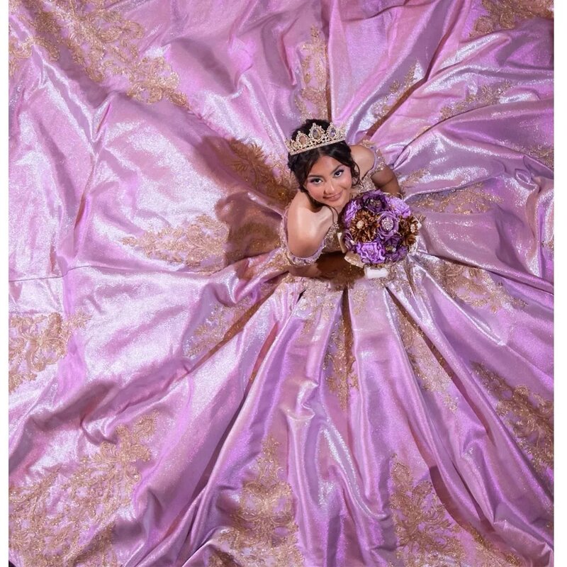 보라색 프린세스 퀸시네라 드레스, 오프숄더 아플리케 볼 가운, 스윗 스파클 16 드레스, 15 아뇨스 멕시코