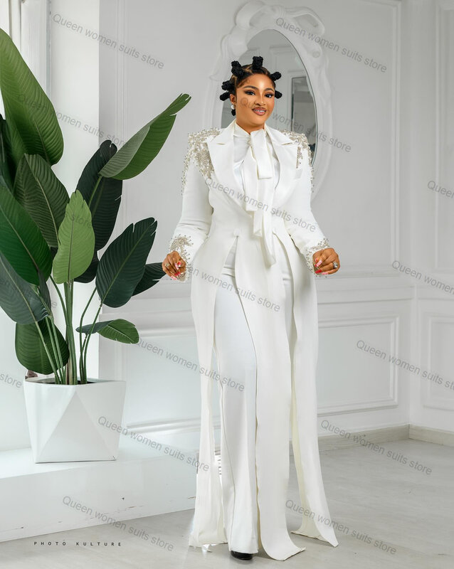 Split Women Suit Pants Set 2 Piece Long Blazer+Trousers Luxury Crystals Wedding Tuxedo Formal Party Jacket Tailored Size Coat
