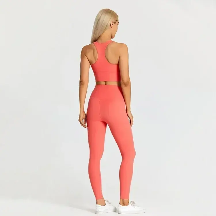 Lemon Gym Wear Women 2 Piece Yoga Fitness Clothing Exercise Sportswear High Waist Leggings Racerback Crop Top Workout Clothes