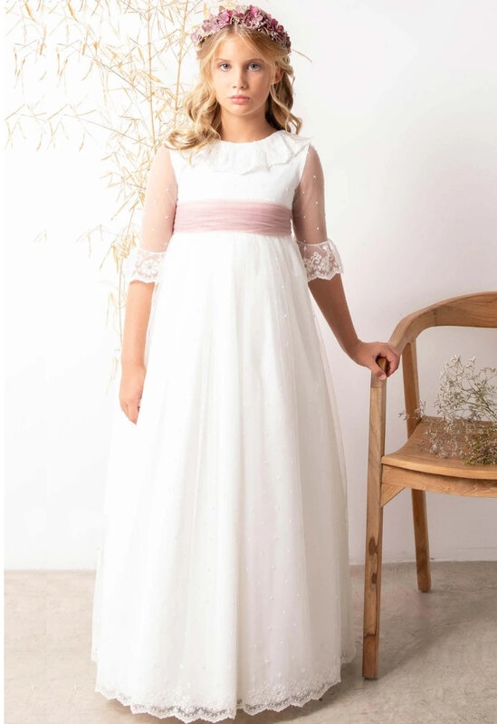 Gaun perempuan bunga renda putih setengah lengan applique Tulle pita selempang gaun pesta ulang tahun pernikahan anak panjang gaun Komuni Pertama