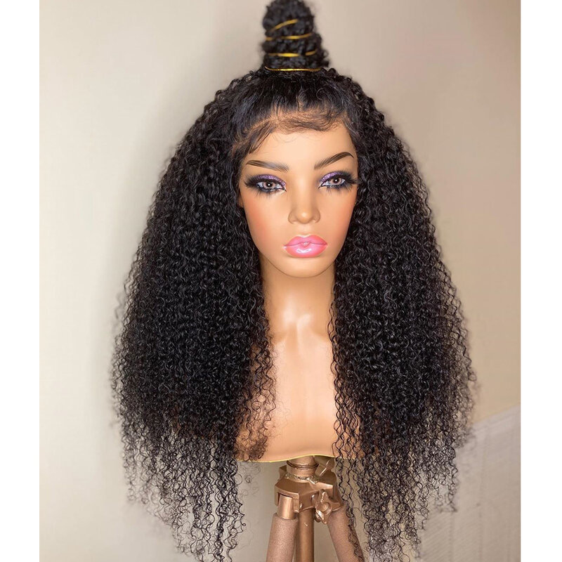 26“ Glueless Soft 180Density Natural Black Long Kinky Curly Lace Front Wig For Women BabyHair Preplucked Heat Resistant Daily