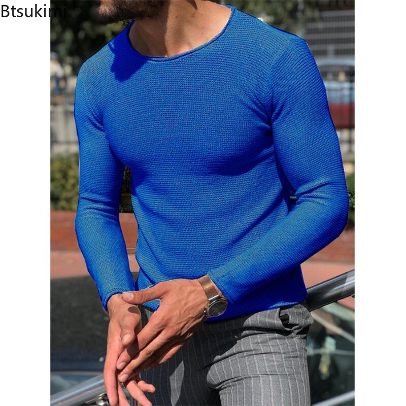 Spring New Men's Casual O-neck Sweater Fashion Solid Slim Long Sleeved Knitted Pullovers Comfy Leisure Tops Knit Sweater for Men