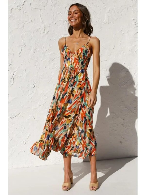 2024 Sommer bedrucktes Kleid für Frauen sexy Spaghetti träger Boho Strand Urlaub Sommerkleid V-Ausschnitt rücken freie Kleider Femme Vestidos