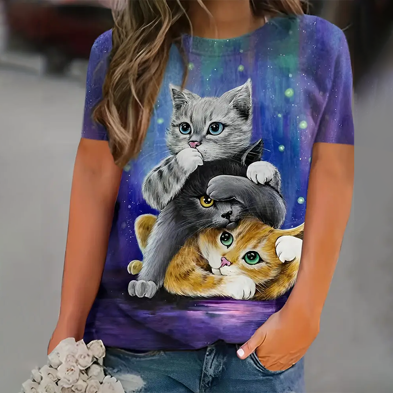 High Quality Women's Short Sleeve Crew Neck Print Cute Kitten Stylish and Elegant Short Sleeves Are Breathable and Refreshing