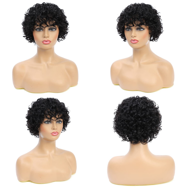 Volumoso pixie macio corte curto encaracolado perucas de cabelo humano com franja máquina feita real perucas de cabelo