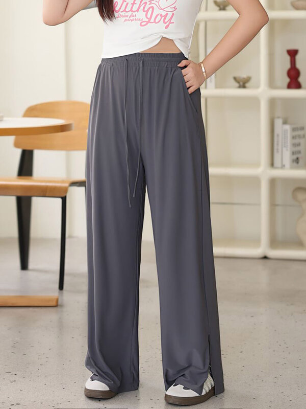 Celana panjang lurus wanita, celana panjang pinggul tinggi, elastis, kasual, ukuran besar, musim panas, 2024, kualitas bagus
