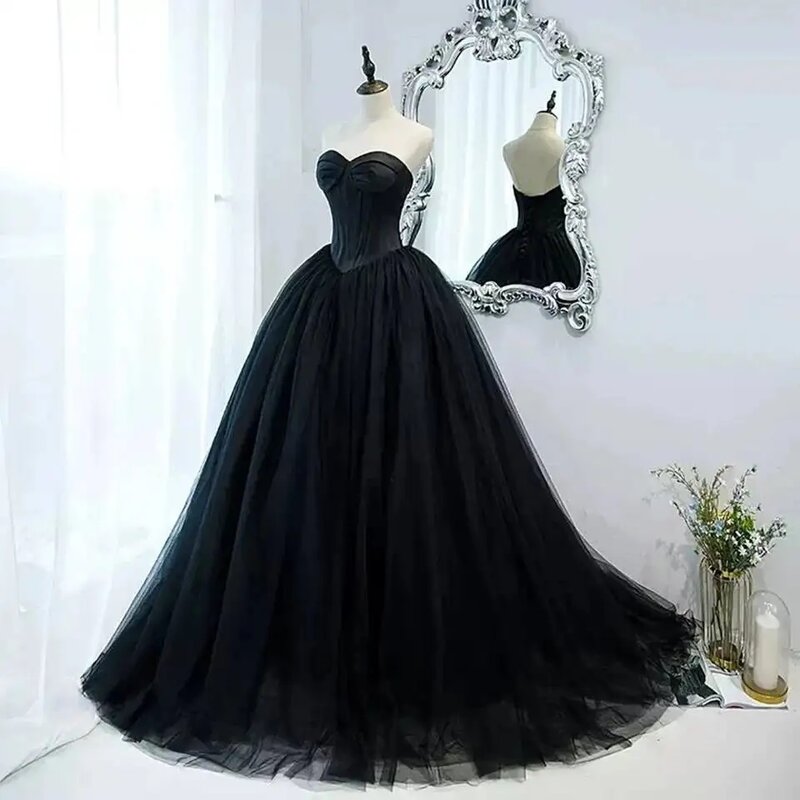 Bafftafe Black Tulle Korea Prom Dresses Sweetheart Corset Back Women Formal Gowns Lace Up Special Occasion Evening Party Dress