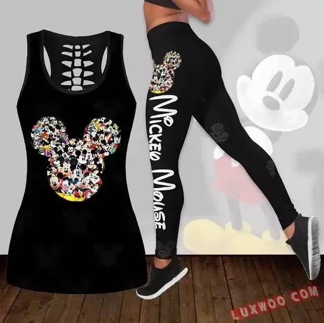 Disney-Mickey Mouse Hollow colete e leggings femininos, terno de ioga, leggings de fitness, terno esportivo, regata, conjunto legging, roupa