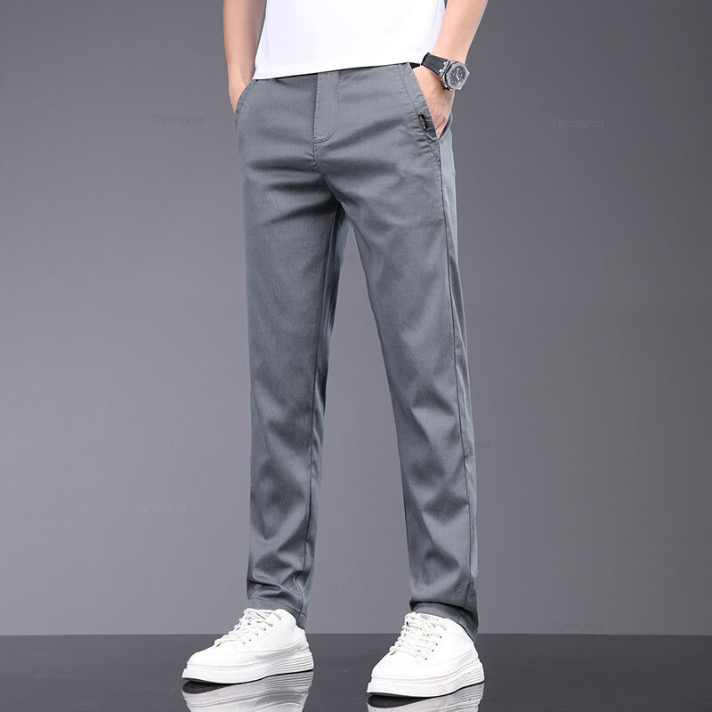 Summer Ultra-thin Men's Lyocell Casual Pants Breathable Soft Ice Silk Elastic Straight Business Trousers Black Gray