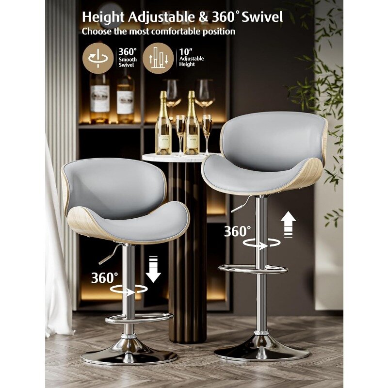 Bar Stools Set of 2, Bentwood Adjustable Height Swivel Bar Stools, PU Leather Upholstered Bar Chair with Back and Footrest