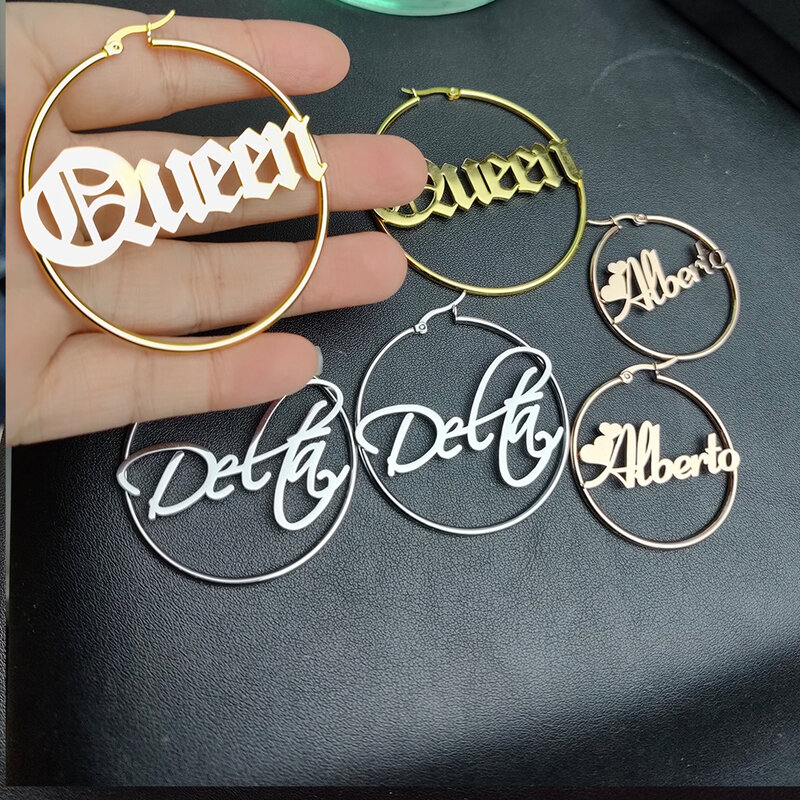 Pendientes de aro personalizados con nombre para mujer, aretes de oro, rosa, plata, círculo con placa de identificación grande, regalo para hija y esposa