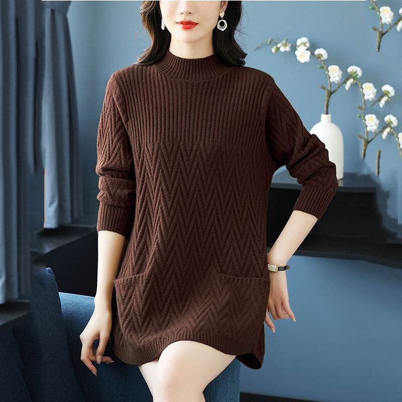 New Autumn Winter Warm Woolen Sweater Women Long Loose Bottom Sweater Female Half Turtleneck Pullover Knitted Bottom Shirt Black